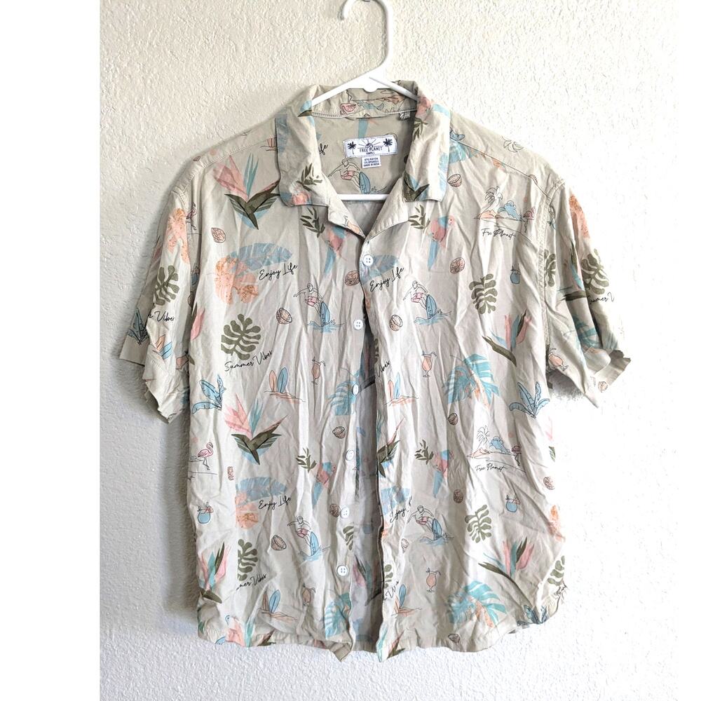 Free Planet Hawaiian Shirt Sz S Khaki Surfer Print